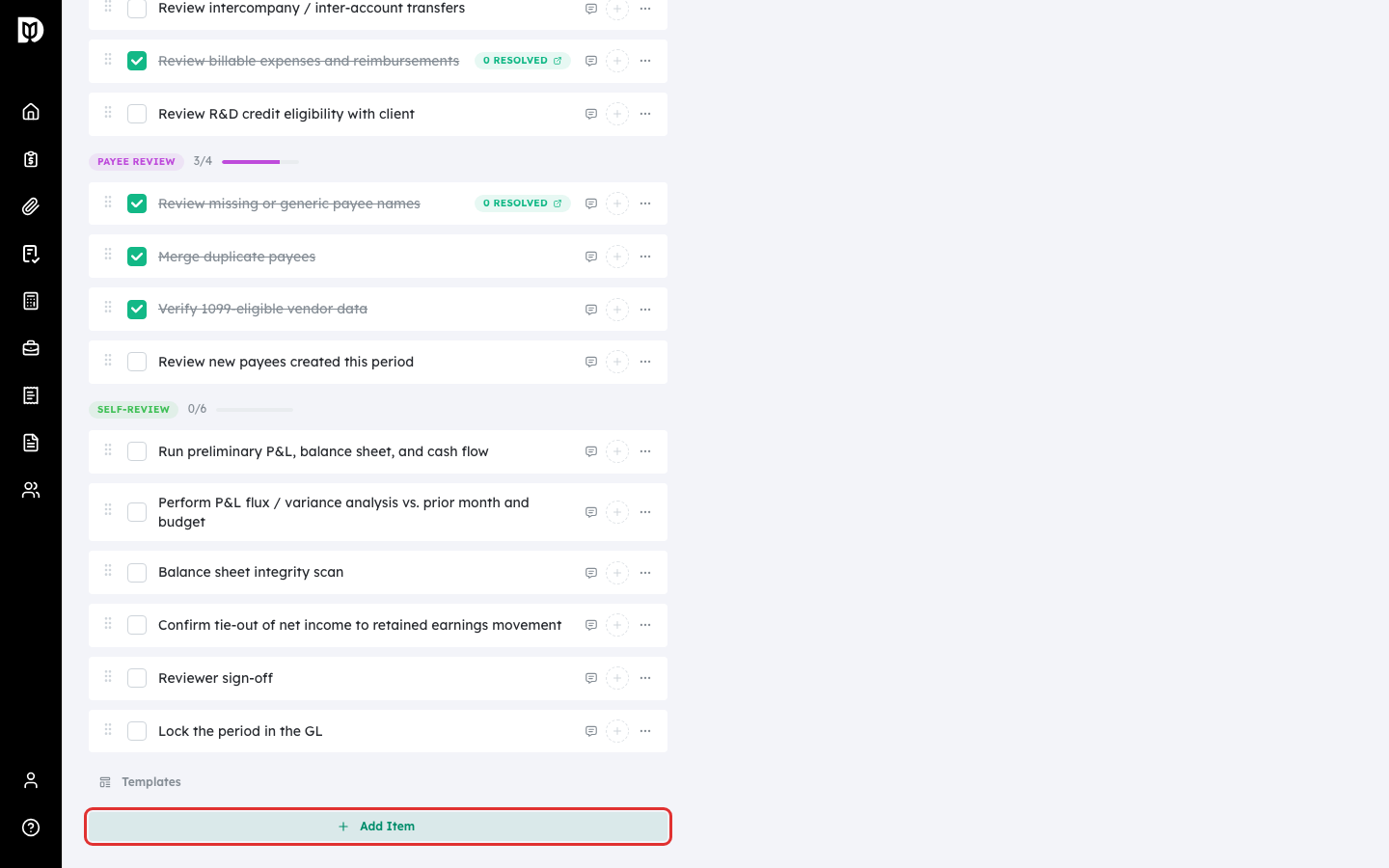 Highlighted Add Item button below the checklist