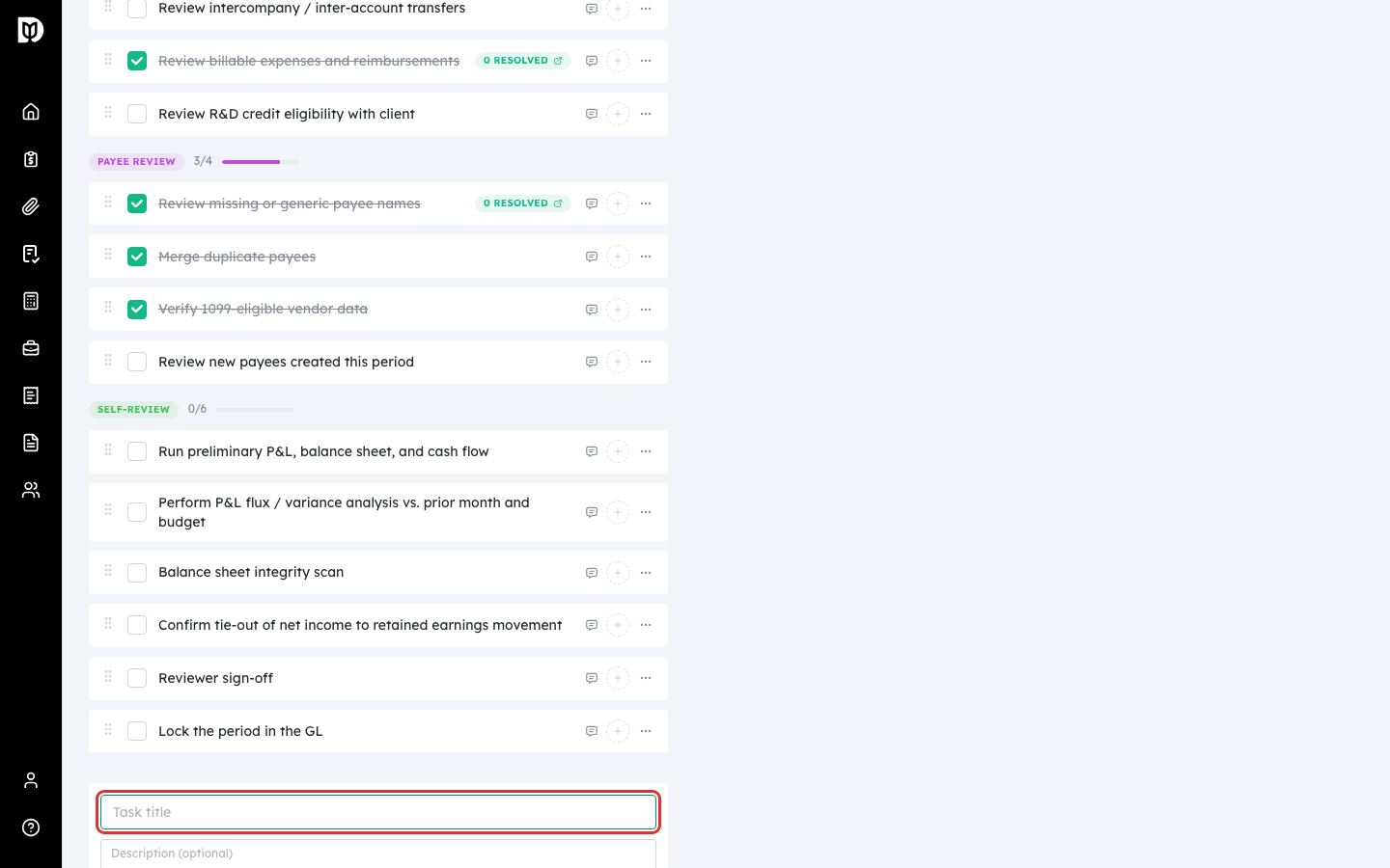 Highlighted Task title field in the add-item form