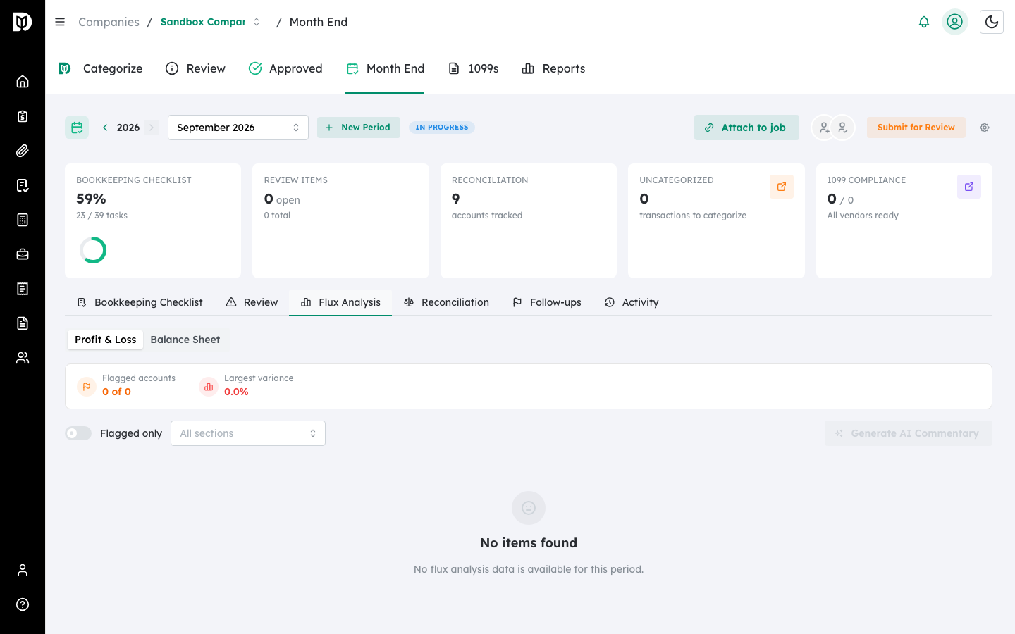 Flux Analysis tab with Profit & Loss and Balance Sheet options and a variance summary