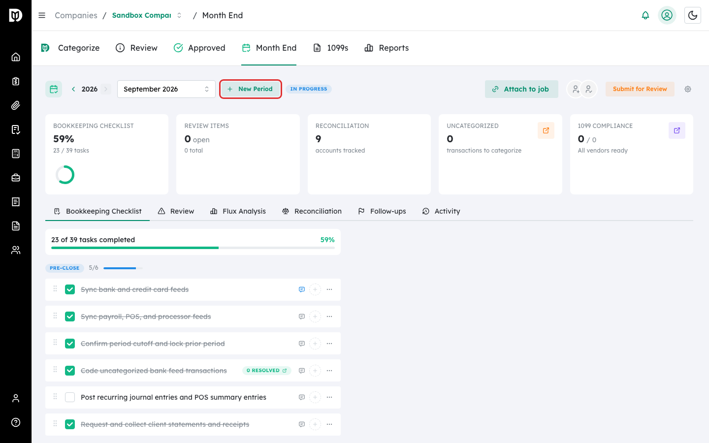 Highlighted New Period button in the workspace header