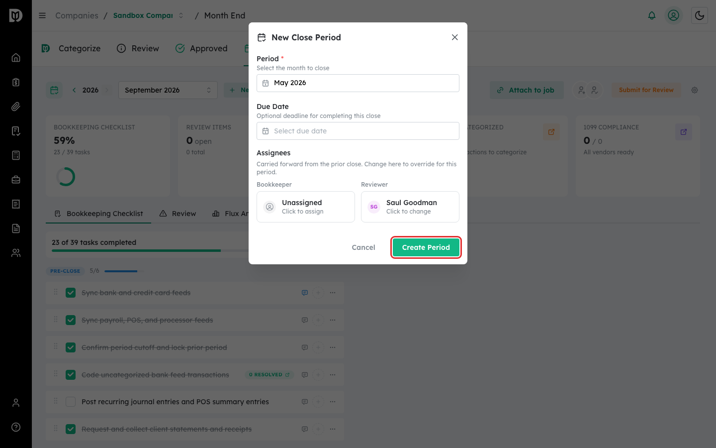 Highlighted Create Period button in the New Close Period window