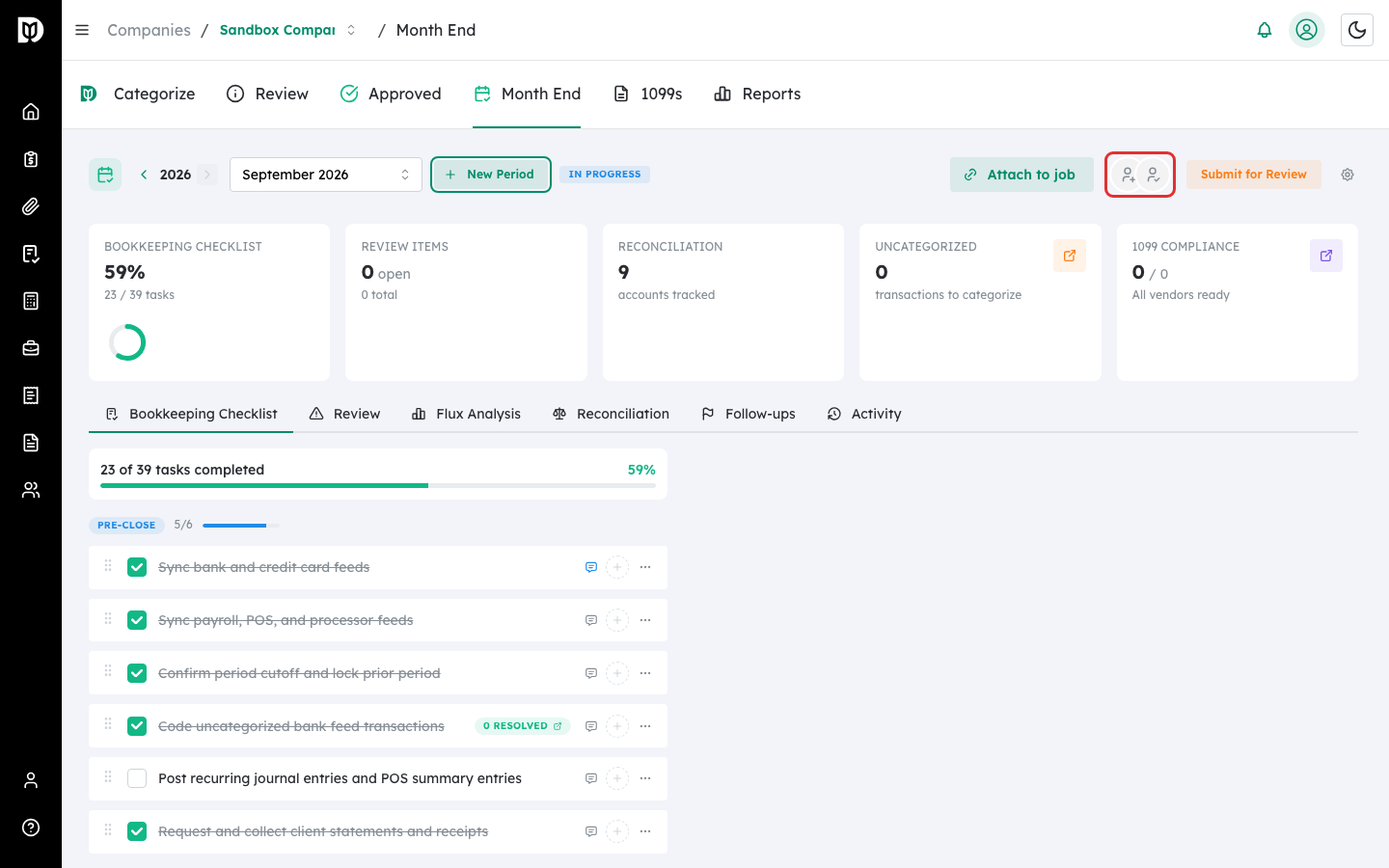 Highlighted bookkeeper and reviewer avatars in the workspace header