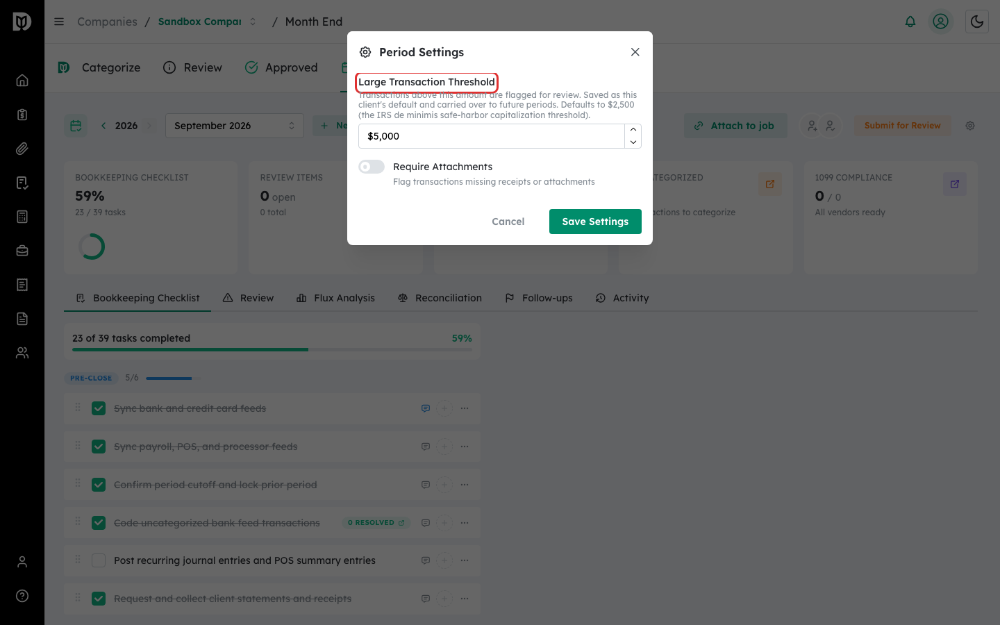 Highlighted Large Transaction Threshold in Period Settings