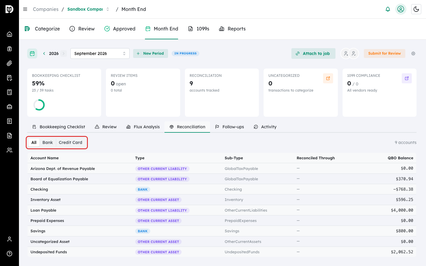 Highlighted All / Bank / Credit Card account-type filter