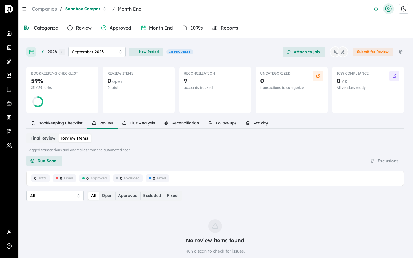Review Items list with status filters and per-item actions