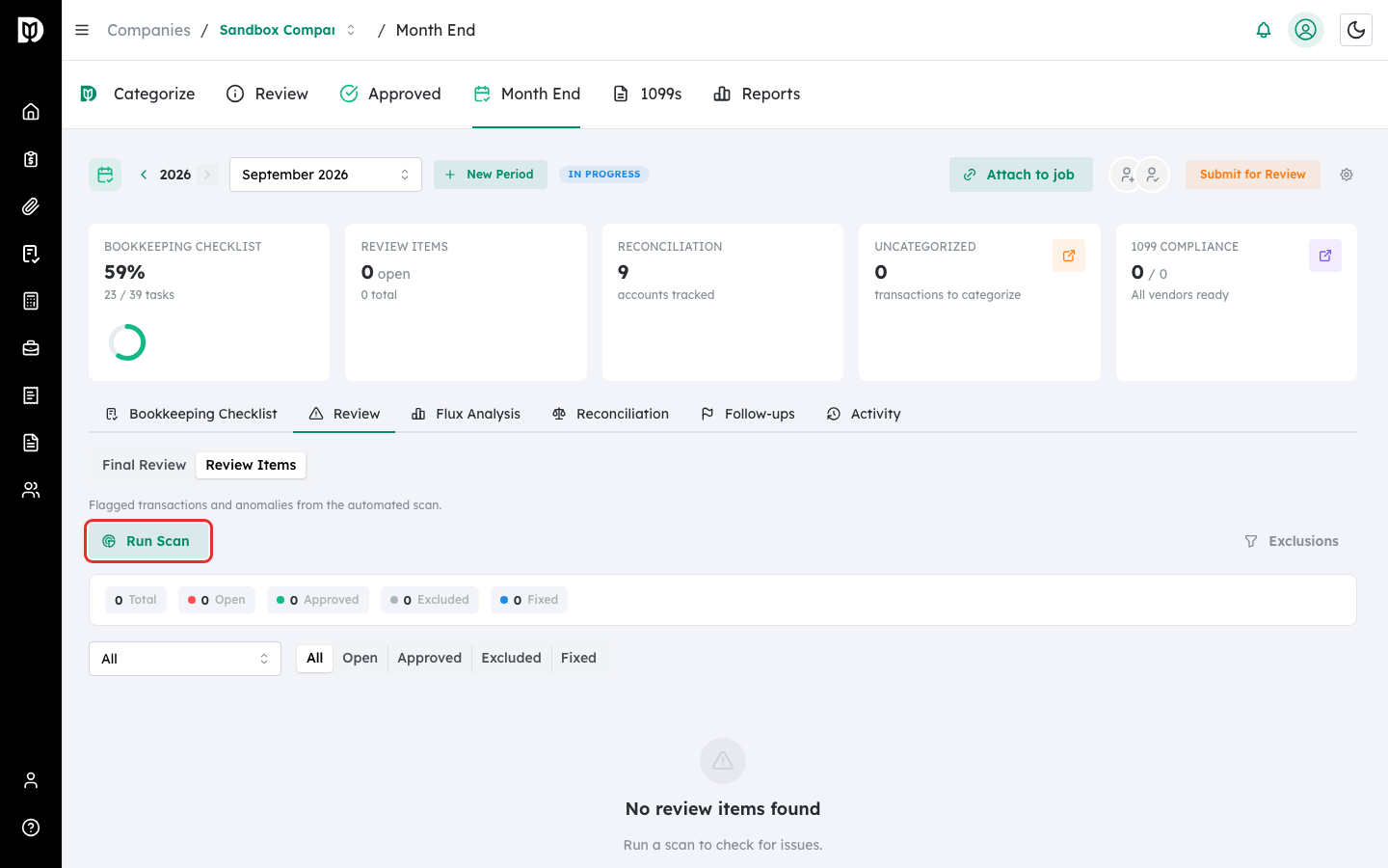 Highlighted Run Scan button on the Review Items view