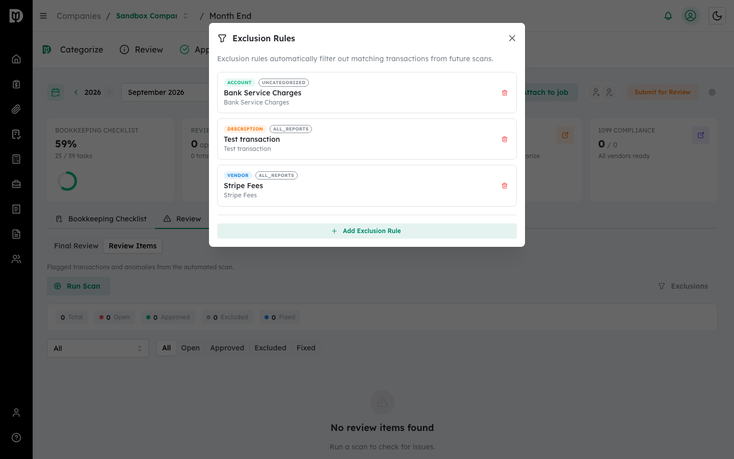 Exclusion Rules window listing rules with type badges