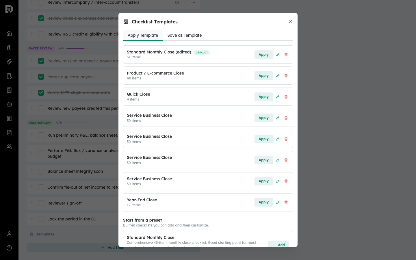 Checklist Templates window listing saved templates
