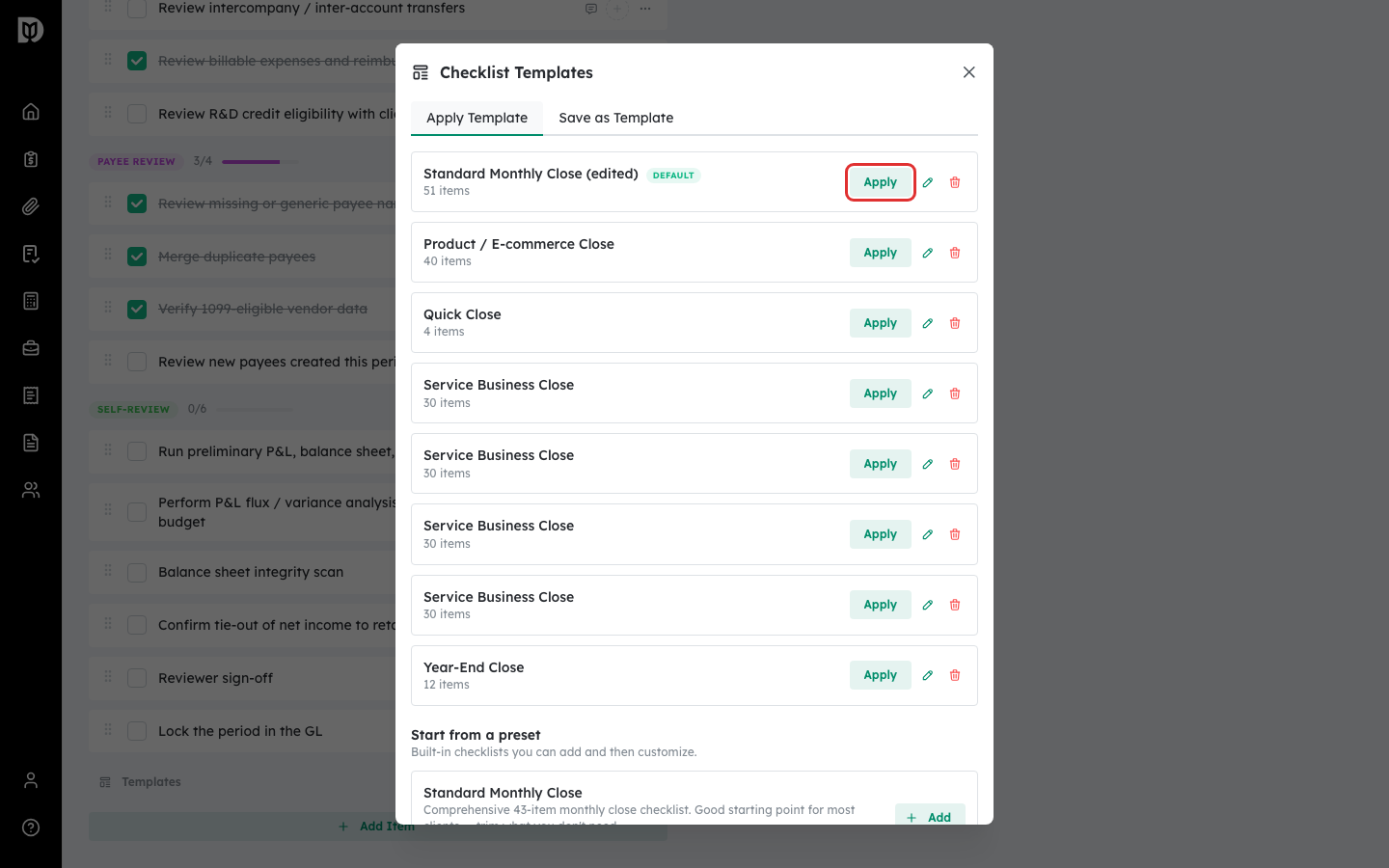 Apply Template tab with Apply buttons next to each template