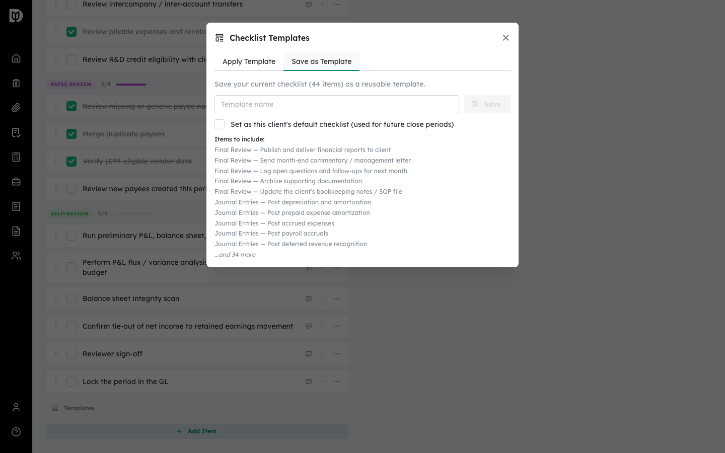 Save as Template tab with a name field and default checklist option