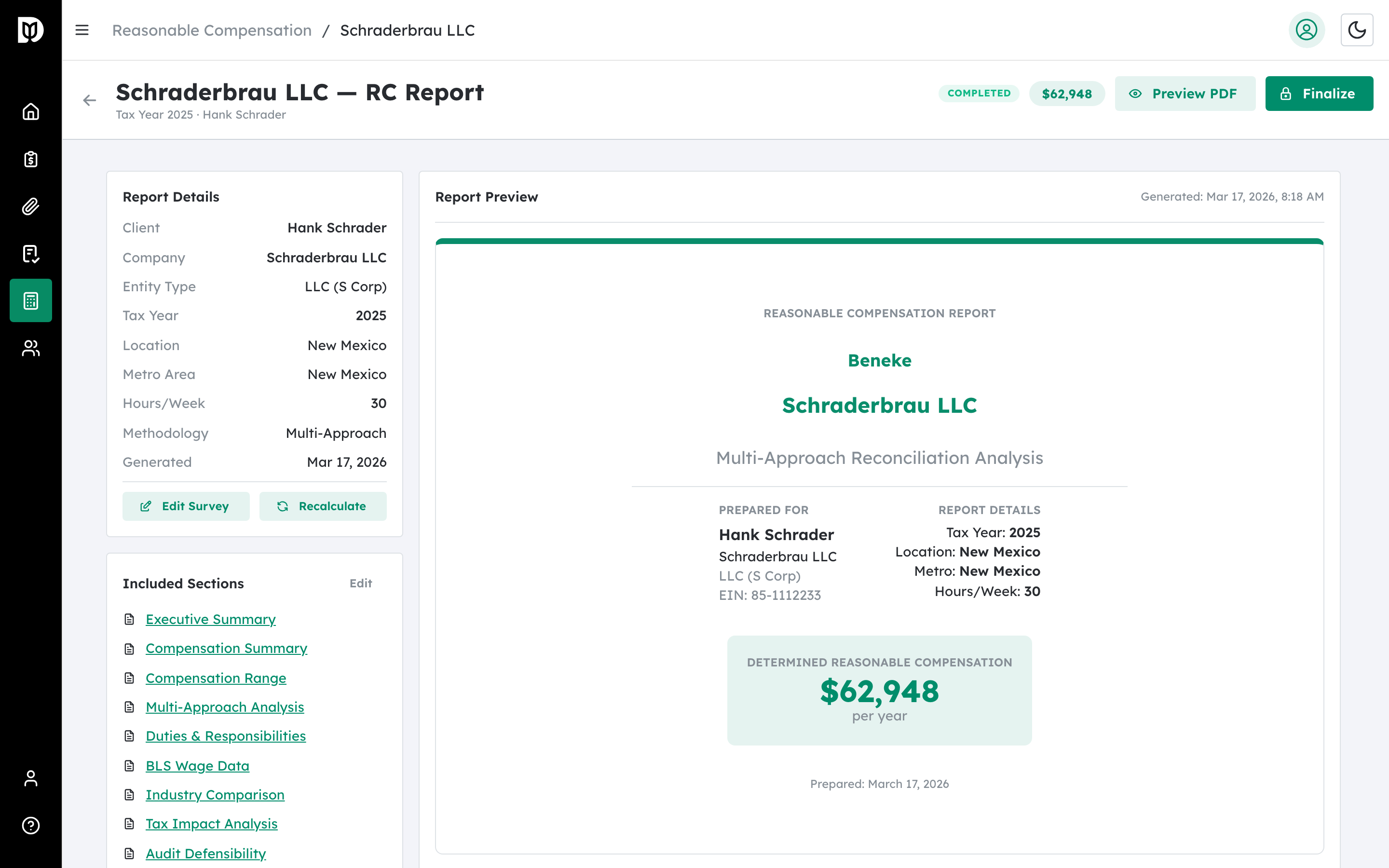 The full Reasonable Compensation Report page
