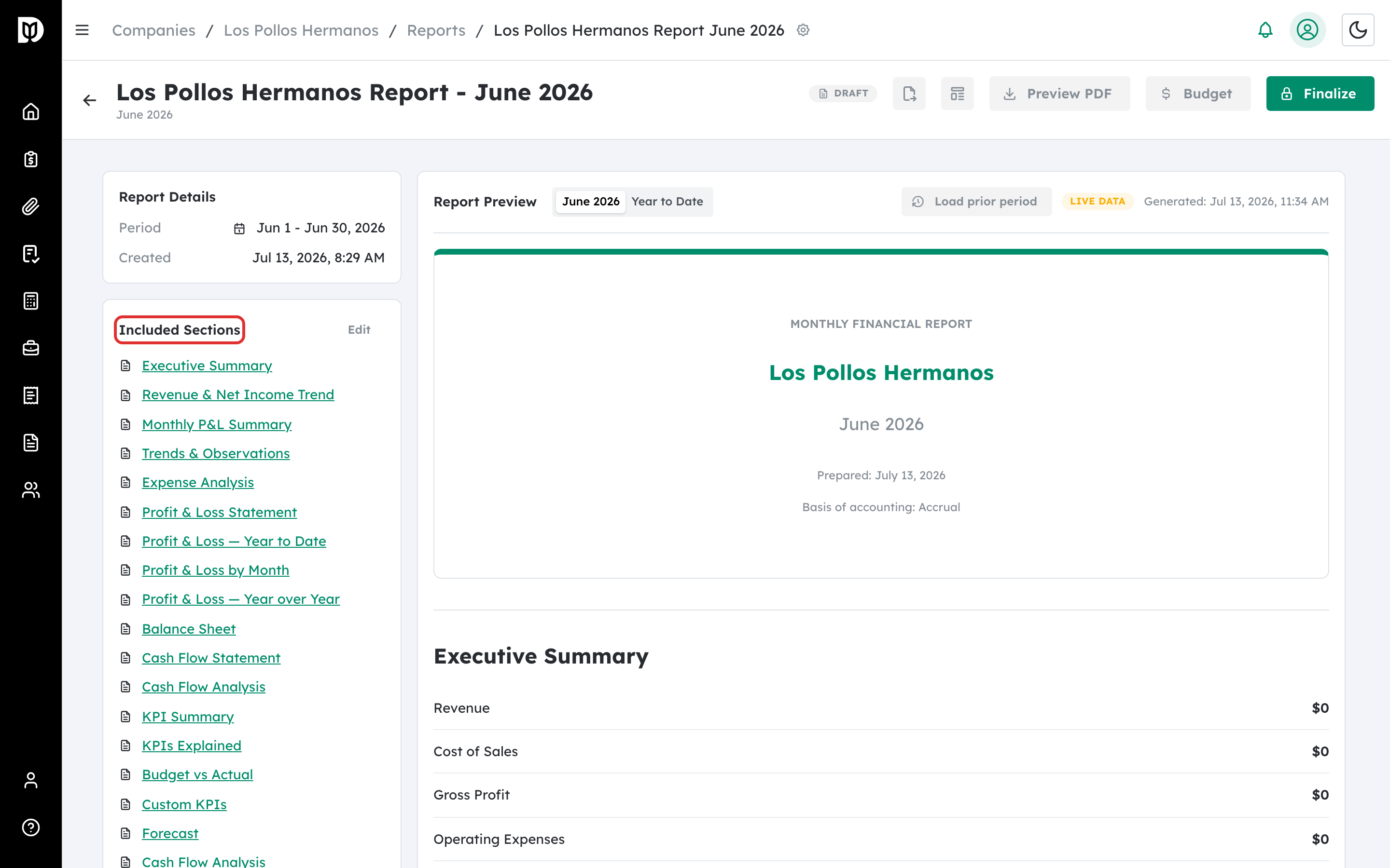 Included Sections list highlighted in the report workspace