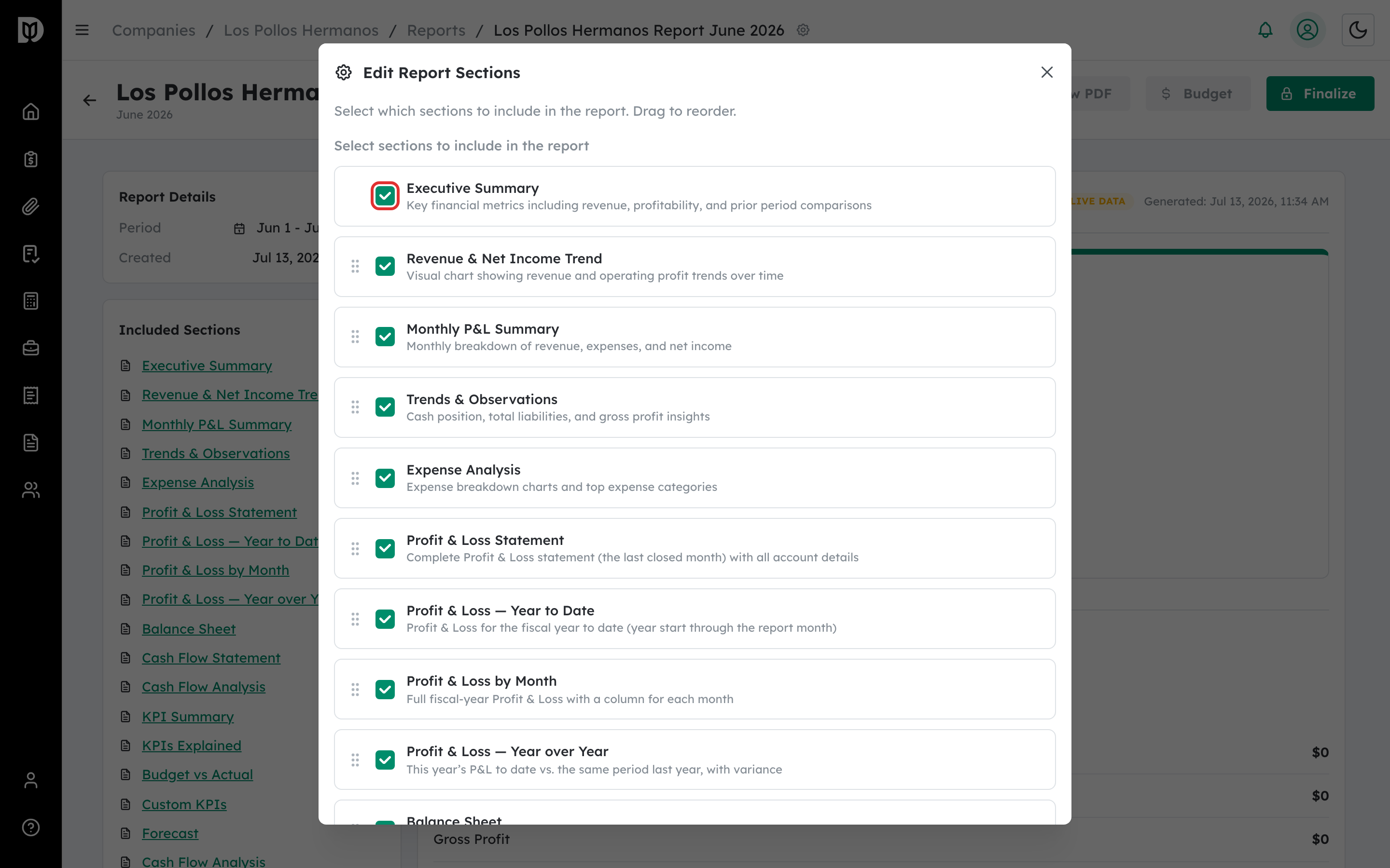 A section toggle highlighted in the Edit Report Sections window