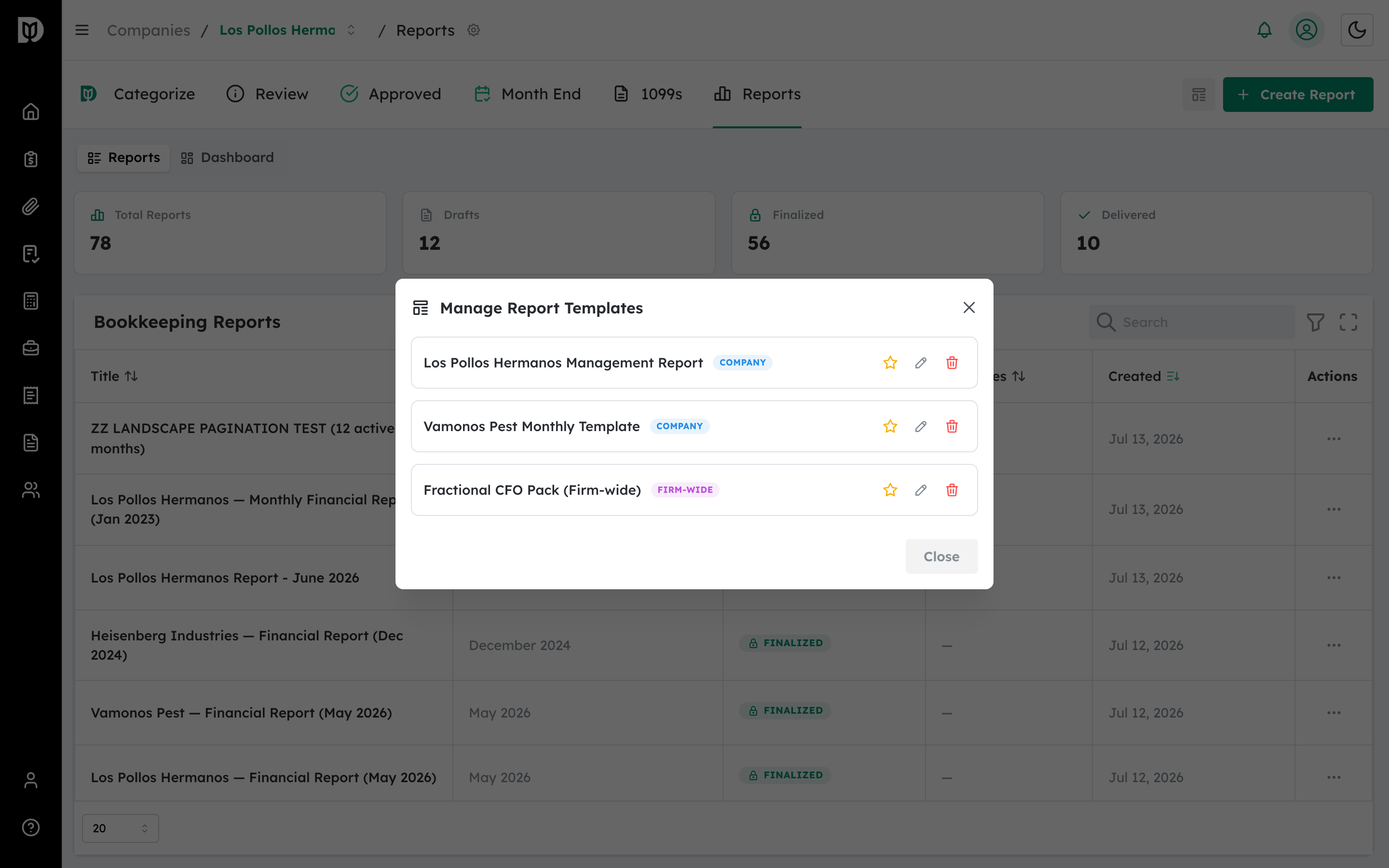 Manage Report Templates window listing templates with badges