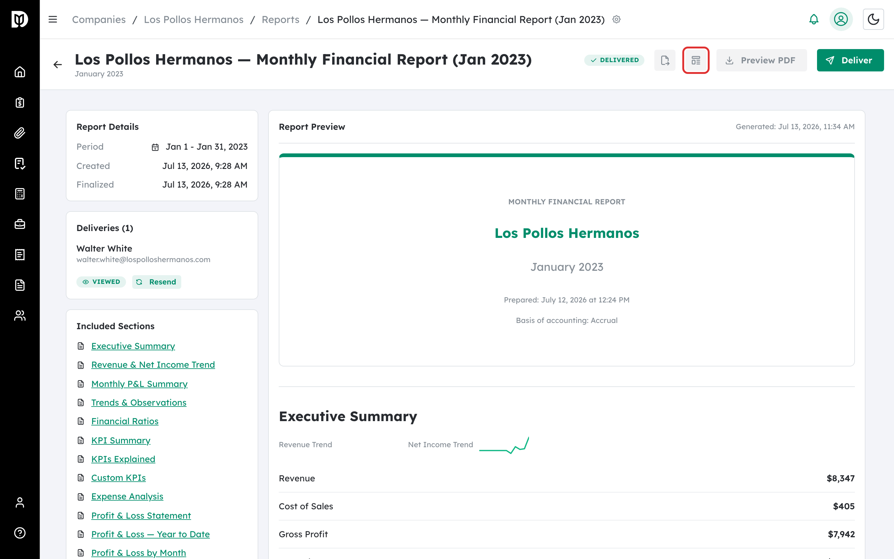 Save as template icon highlighted in the report header
