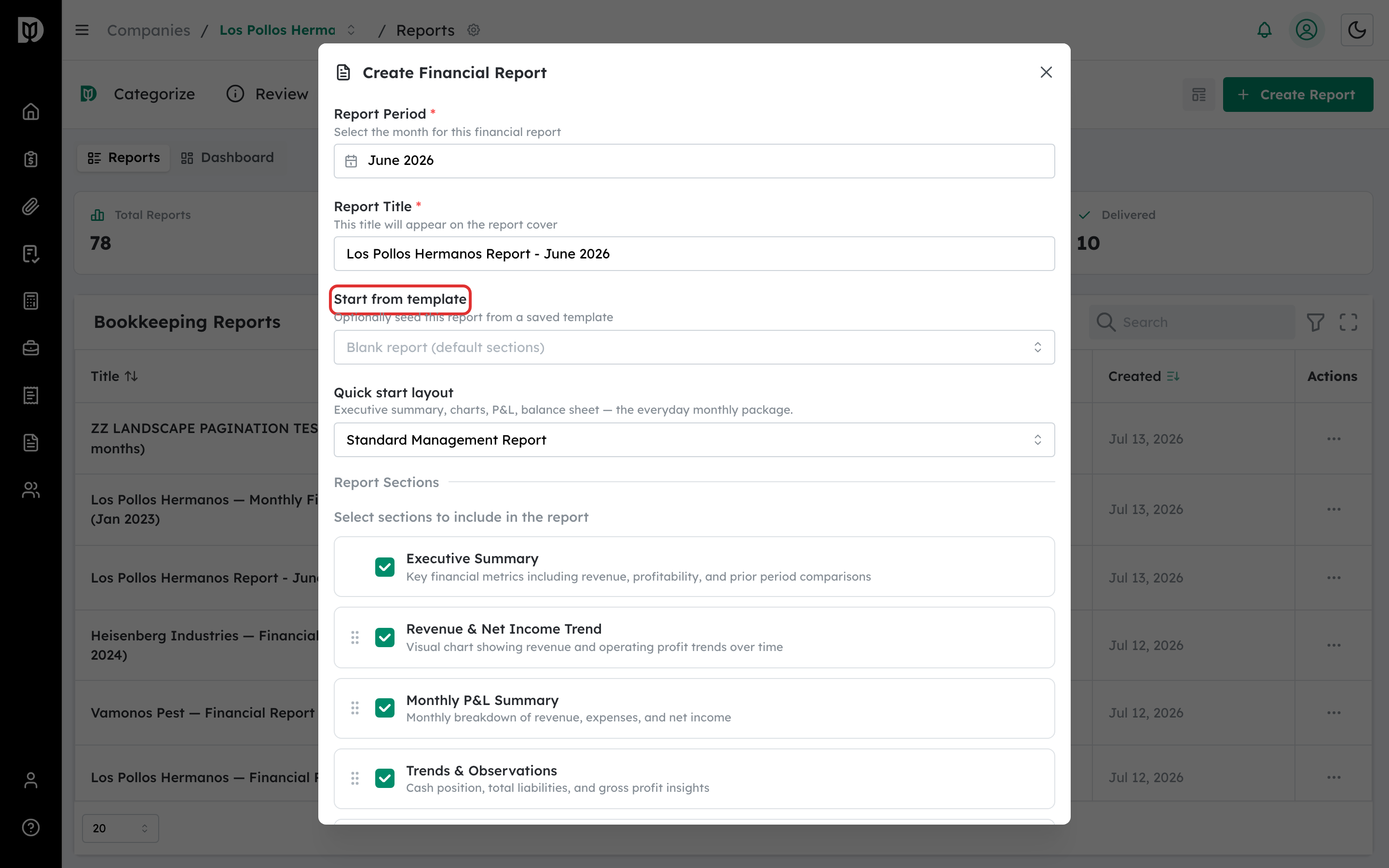 Start from template selector highlighted in the Create Financial Report window