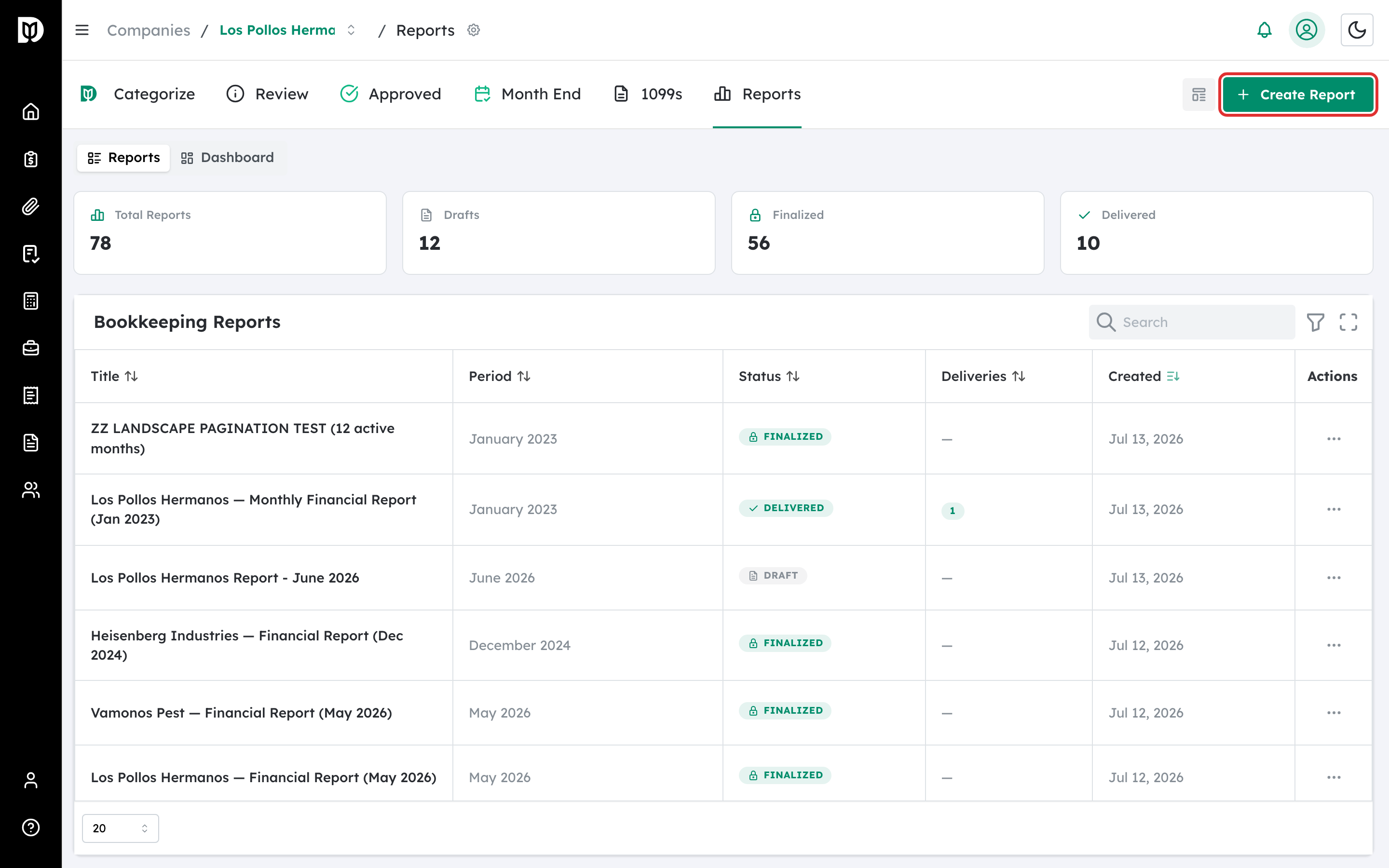 Create Report button highlighted on the Reports workspace