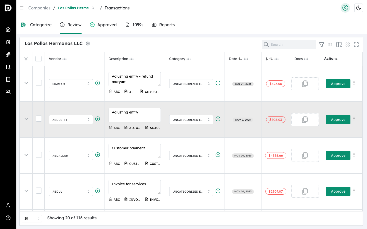 Transactions page with toolbar visible