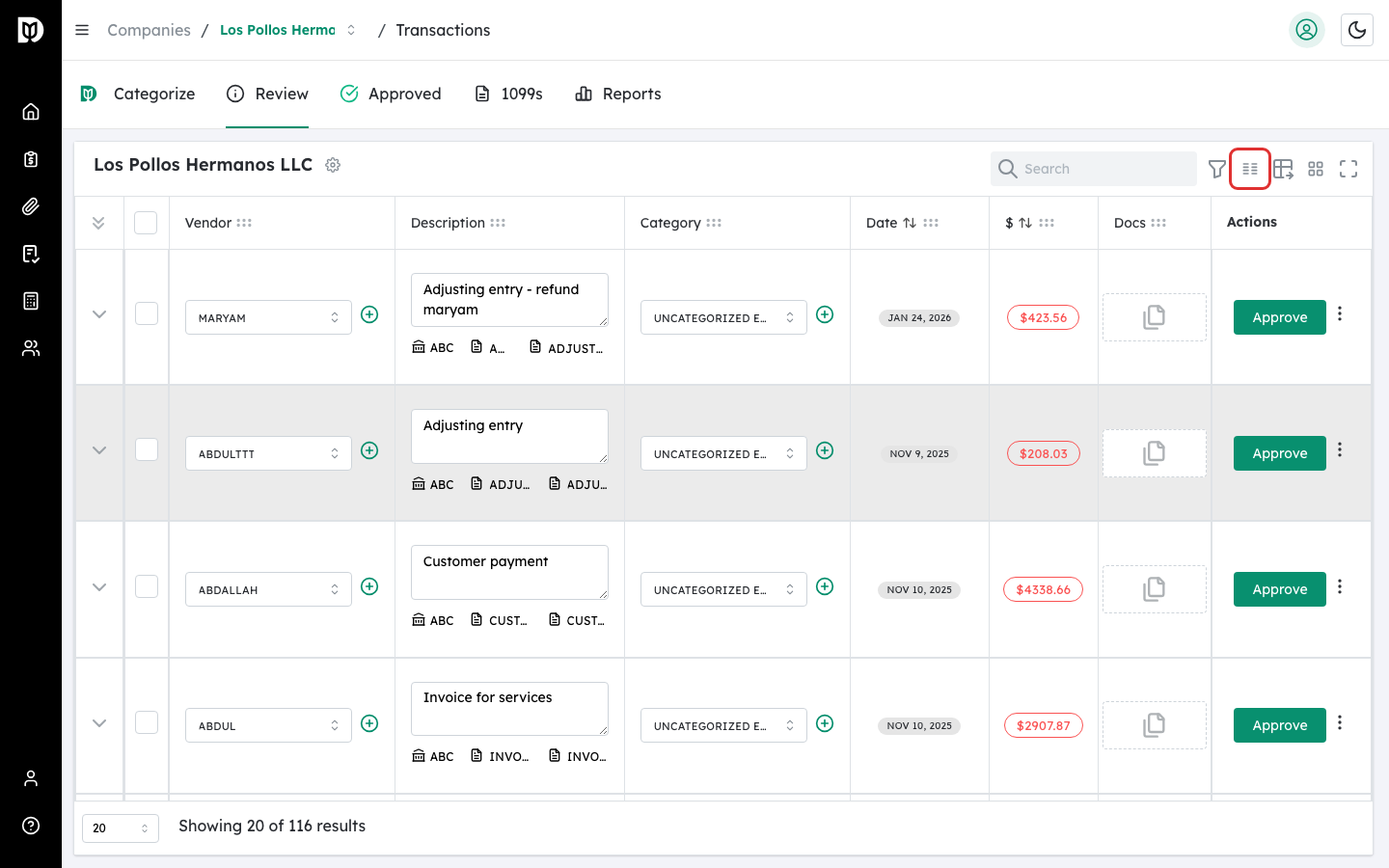 Columns icon highlighted in the toolbar