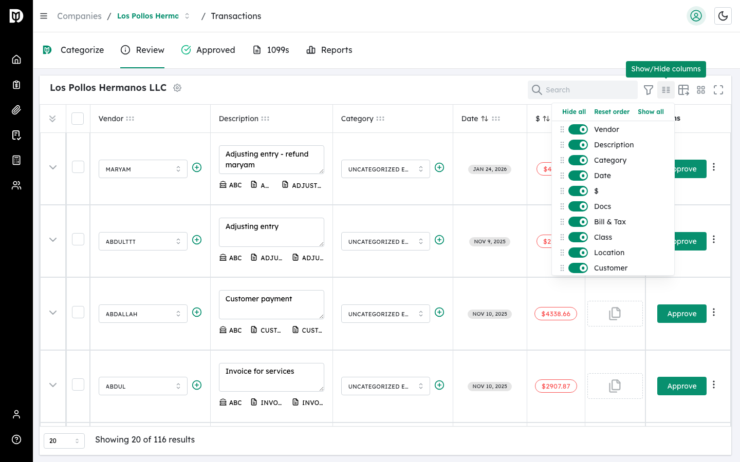 Column panel popover showing all columns