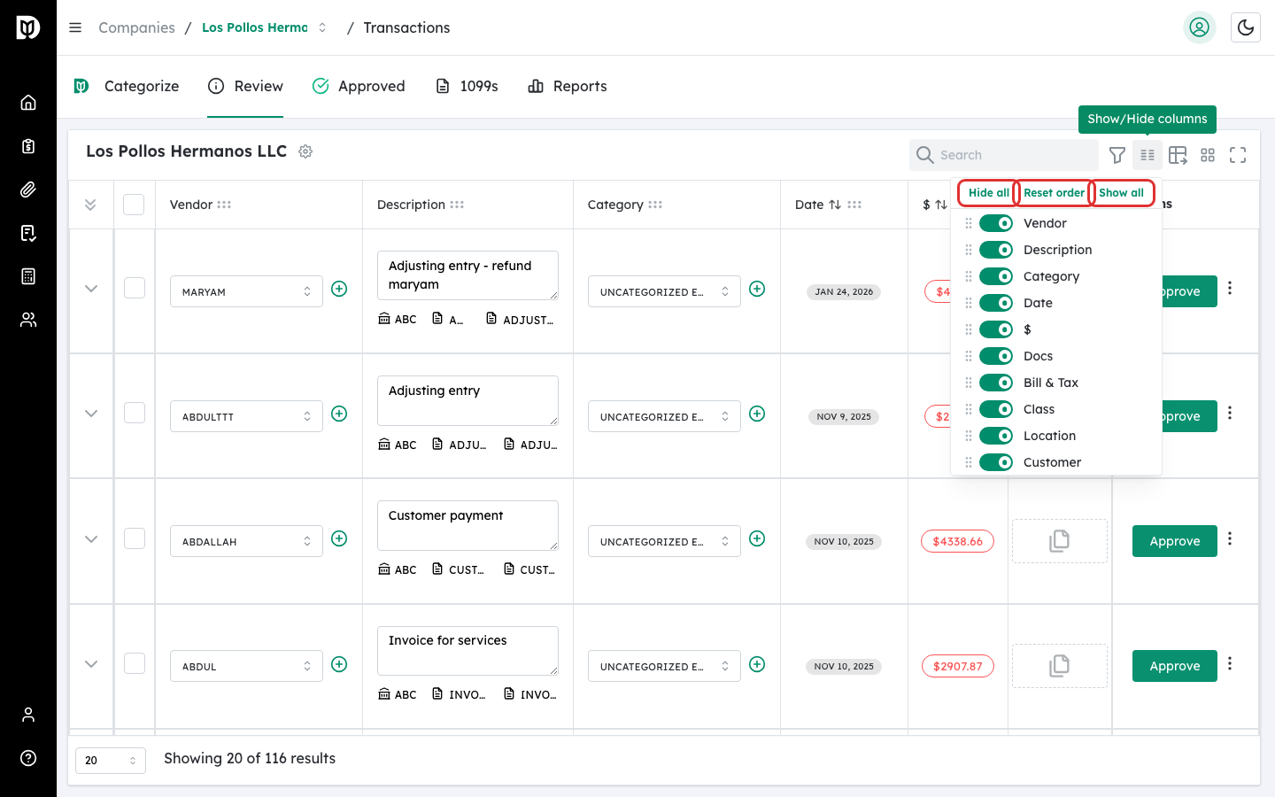 Hide all, Reset order, and Show all buttons highlighted
