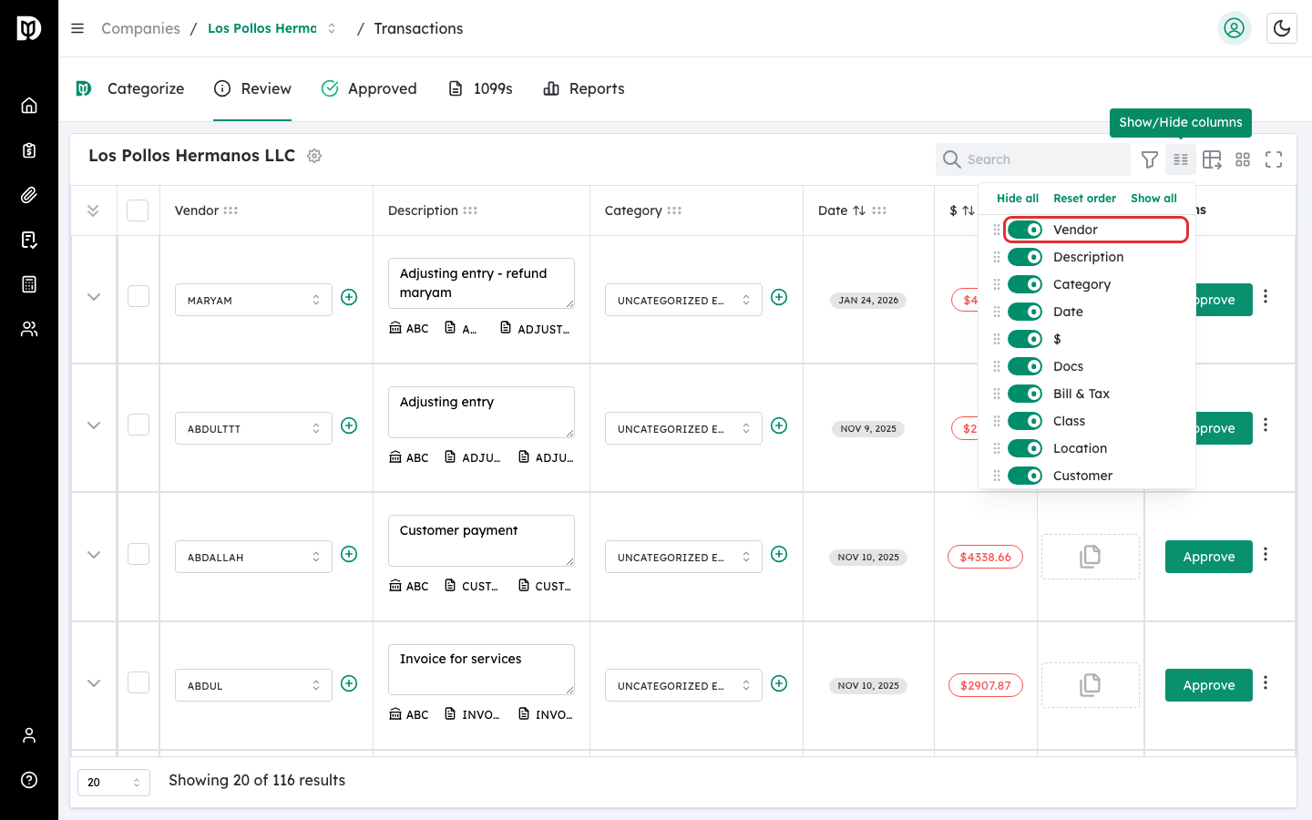 Switch toggle on a column row highlighted