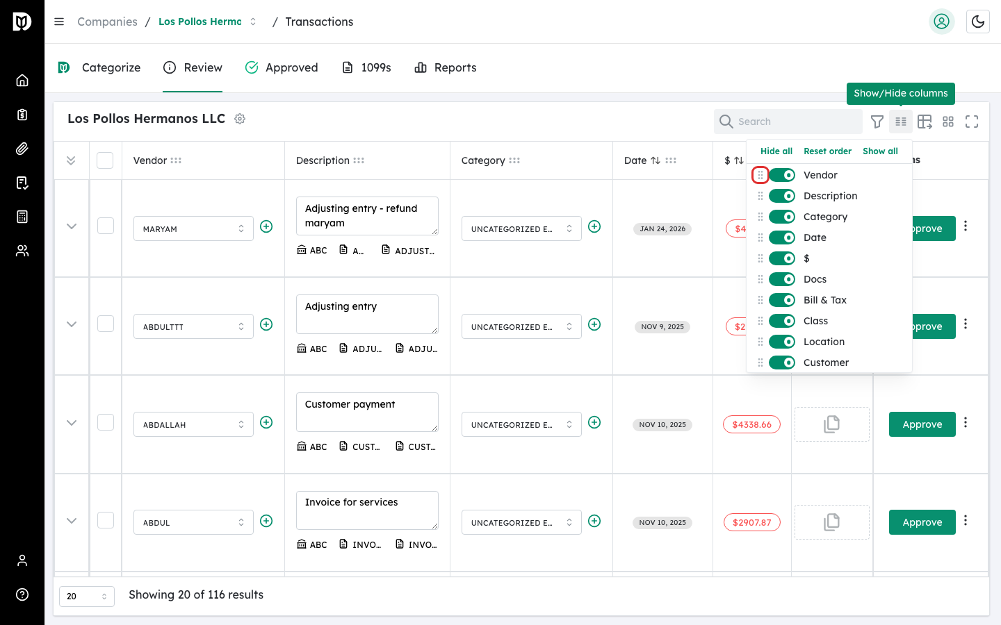 Drag handle grip icon highlighted on a column row