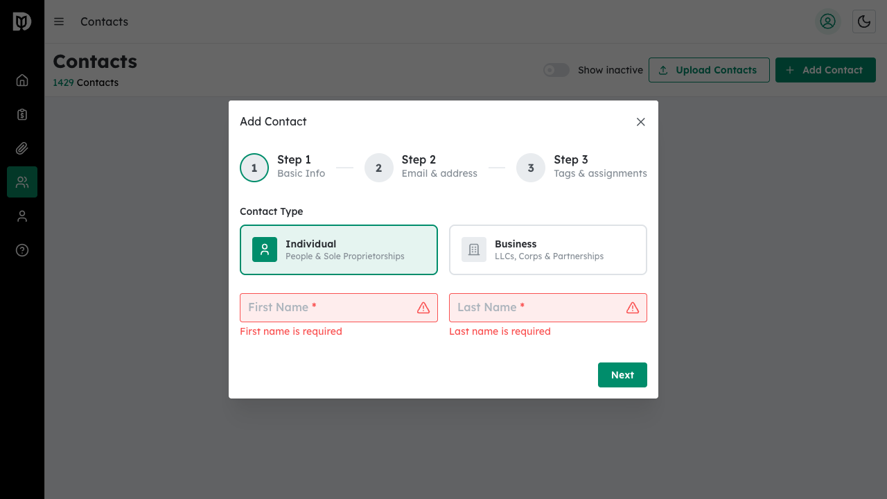 Create Contact button with assignments configured