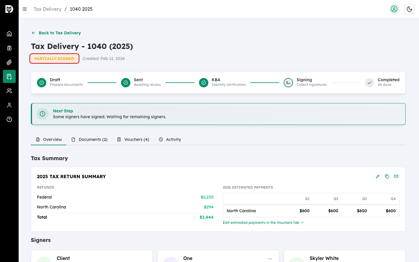 Tax return status badge highlighted