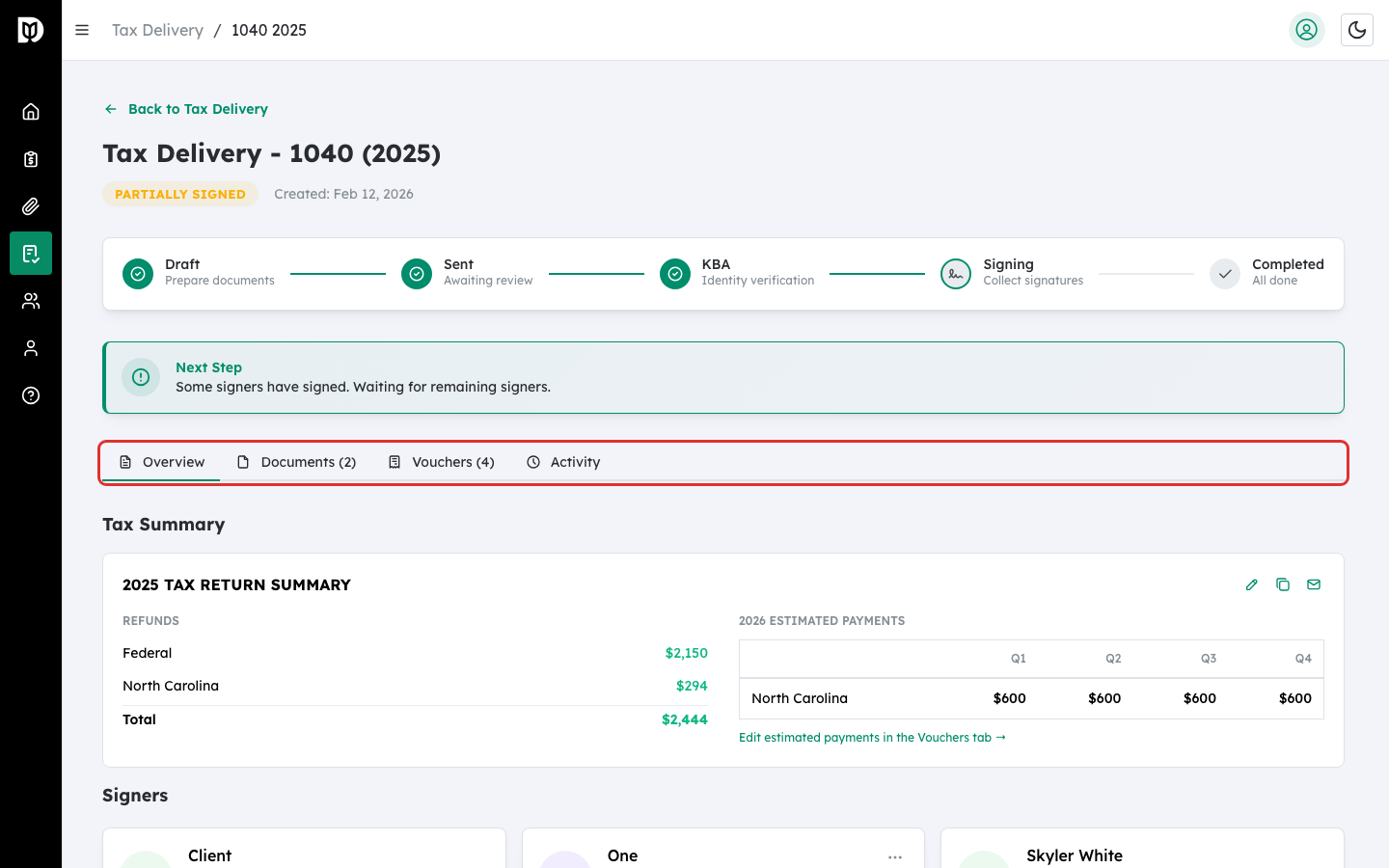 Tax return detail tabs highlighted