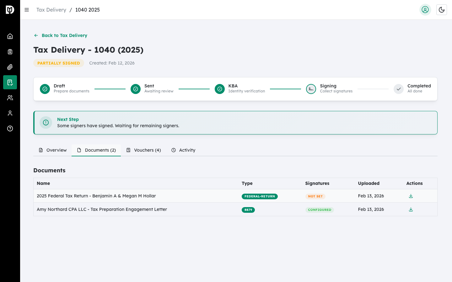 Documents tab on the tax return detail page