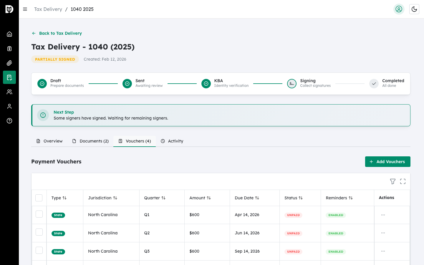 Vouchers tab on the tax return detail page