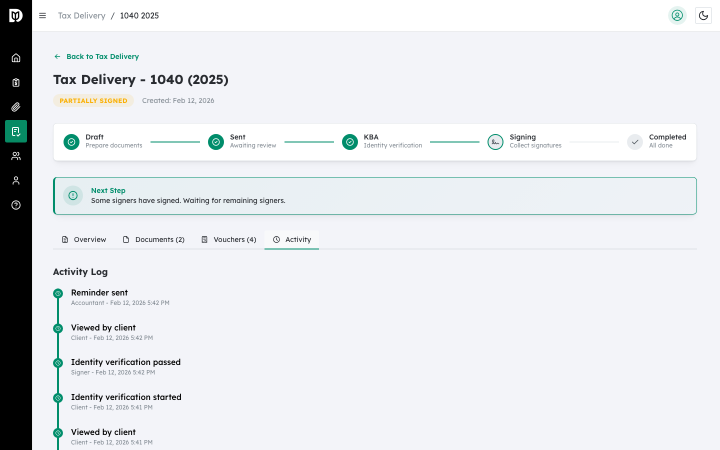 Activity tab showing the audit trail timeline