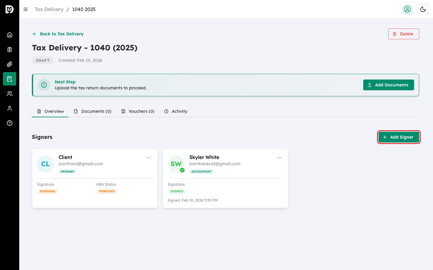Add Signer button highlighted on tax return detail page