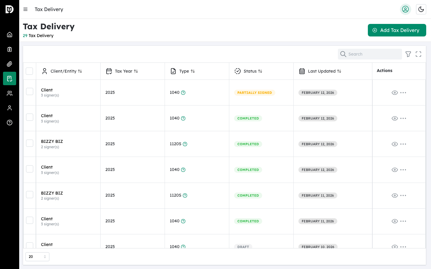 Tax Returns list page overview