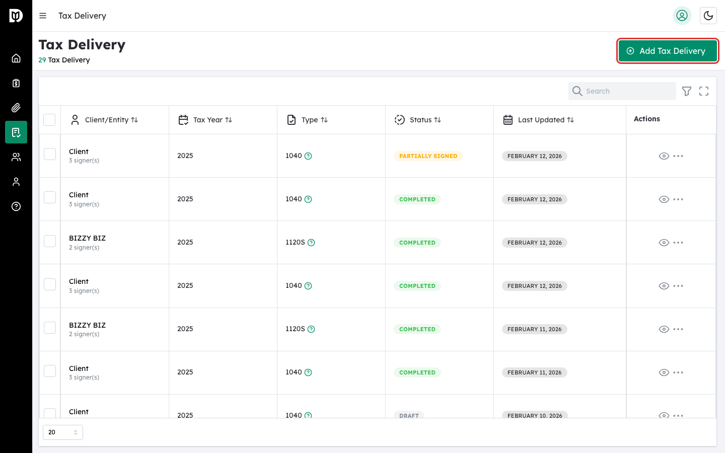 Add Tax Return button highlighted
