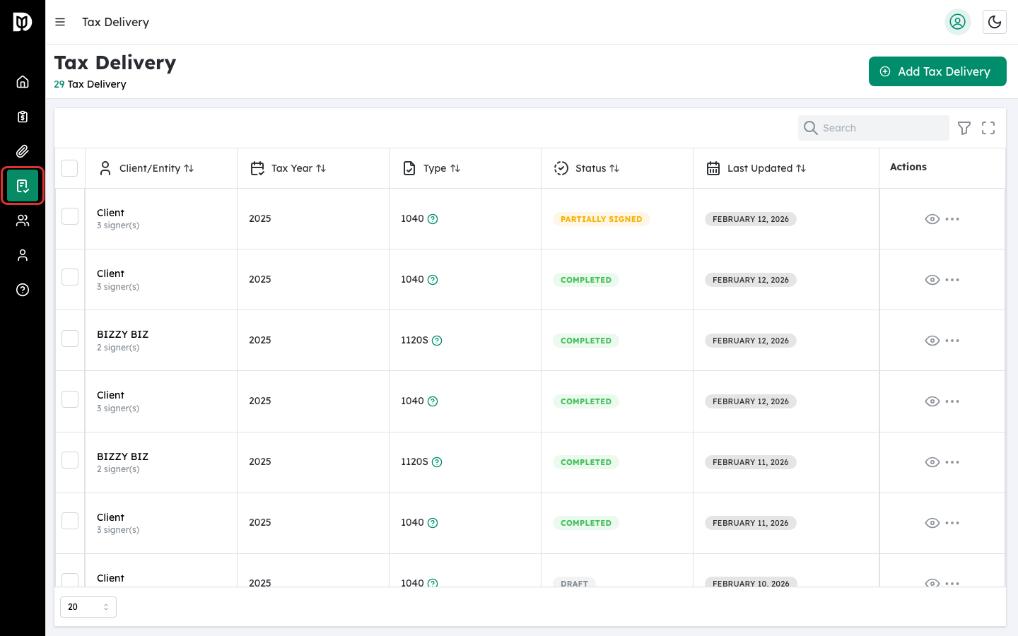 Tax Returns sidebar navigation item highlighted