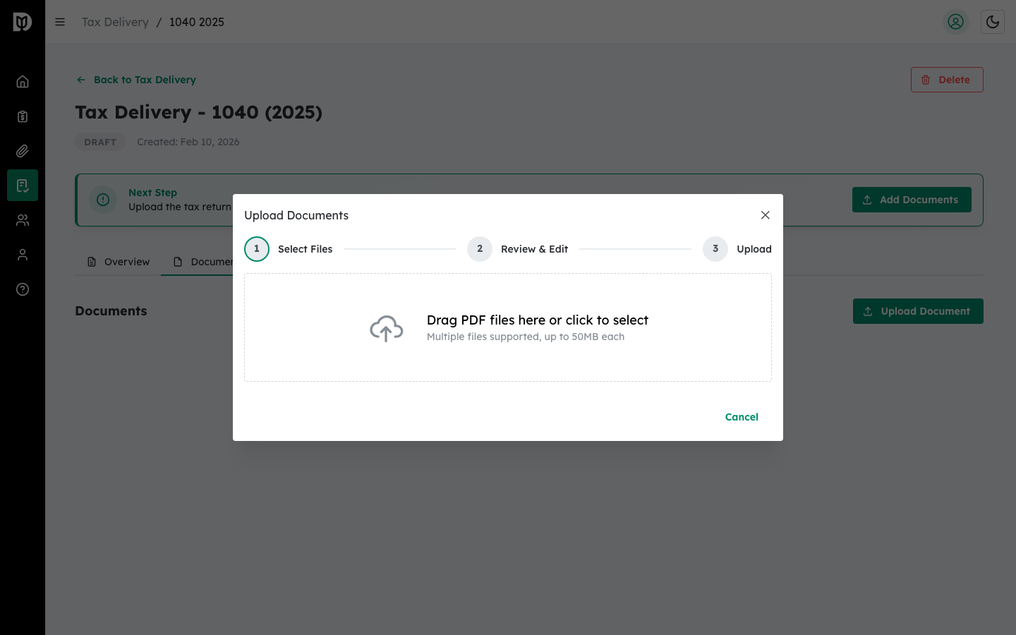 Upload Document modal with drag-and-drop area