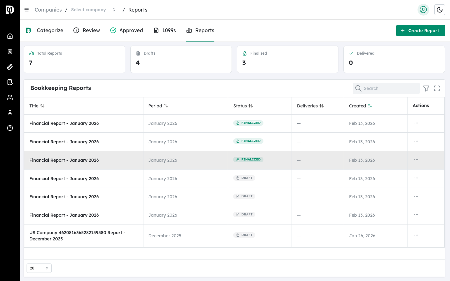 My Reports page showing table of delivered financial reports