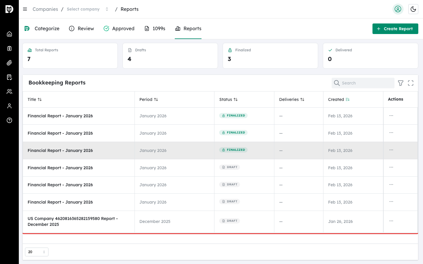Reports table columns showing Report, Company, Period, Delivered, and Status
