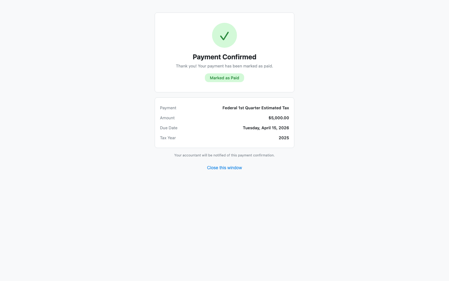 Voucher payment confirmation page showing success message