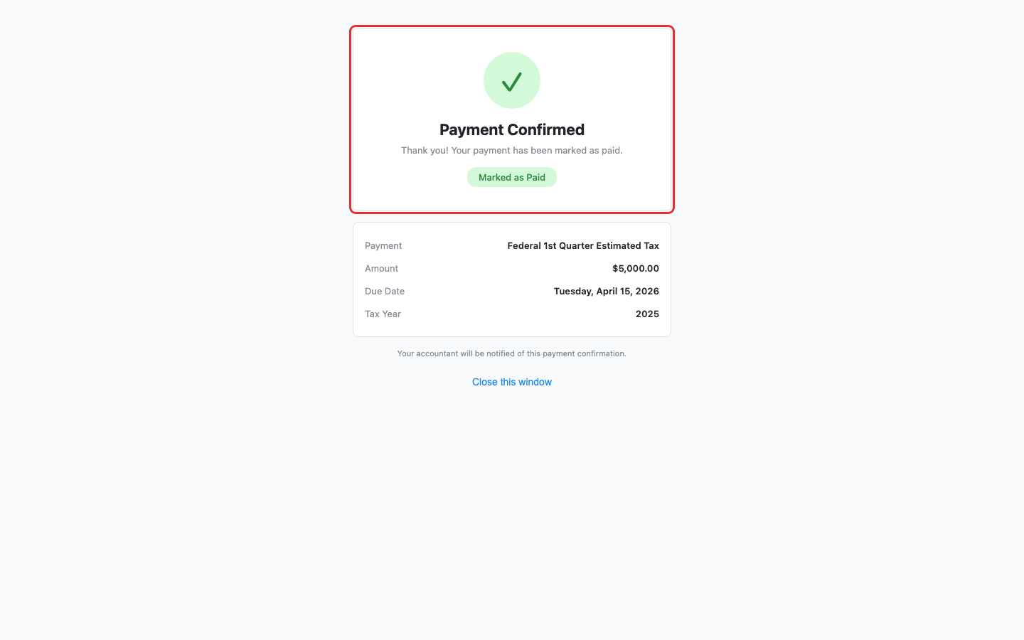 Payment confirmation card highlighted showing payment details